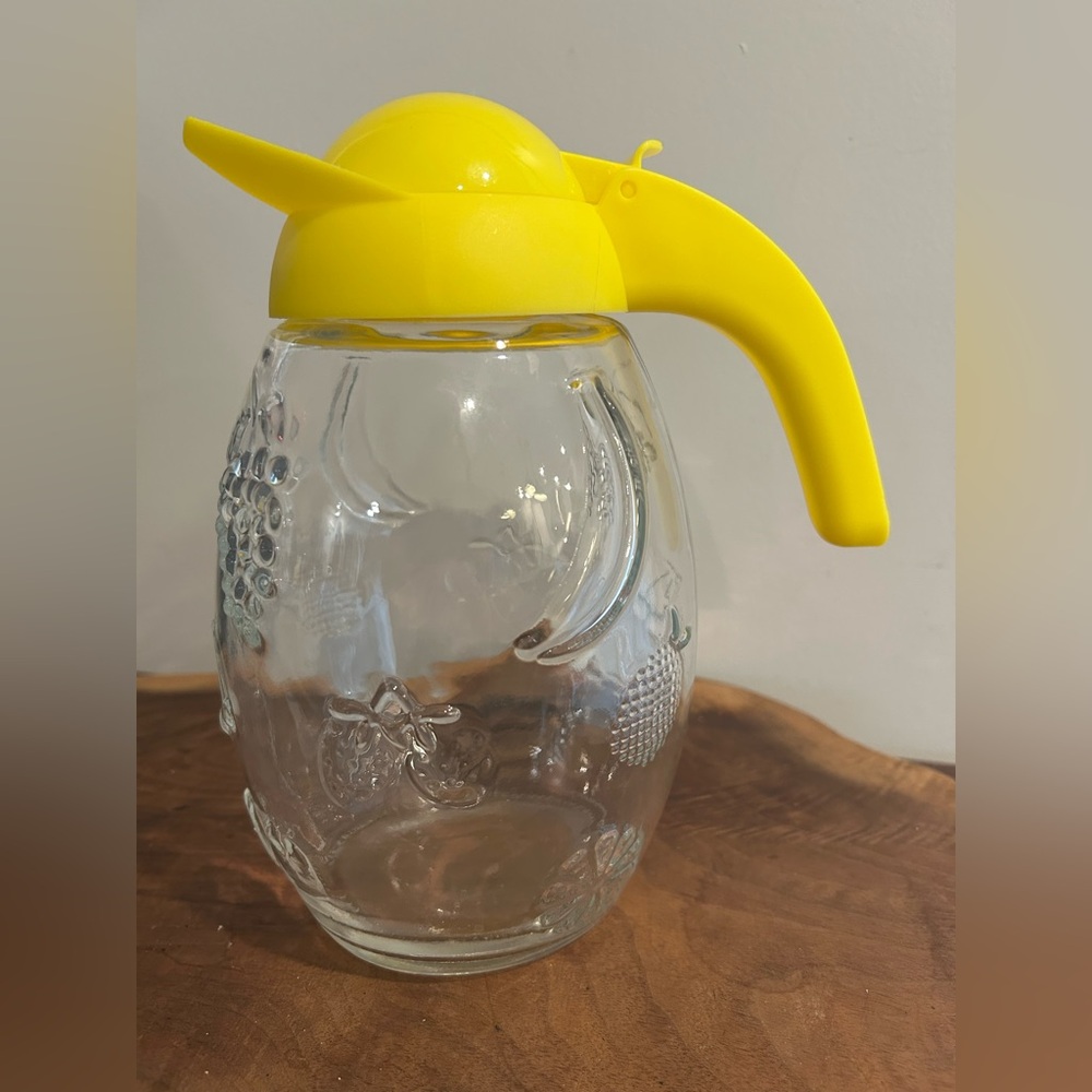 Large Vintage 70s Yellow Solmaz Mercan Glass Pitcher Fruits embossed